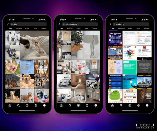 Instagram Discover page, showing off keyword search results for dog, marketing, and bedroom decor. 