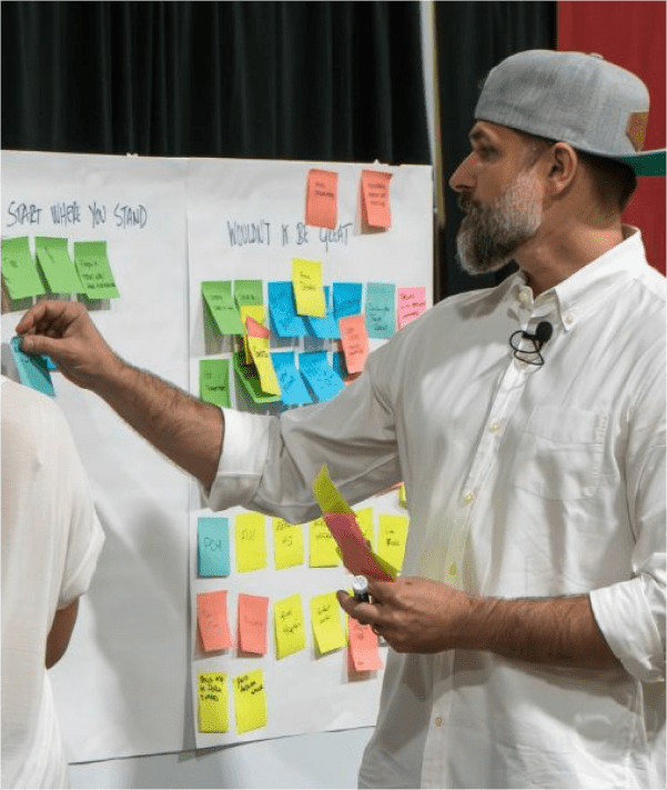 Person with a backwards hat and white button down shirt hanging sticky notes on a wall