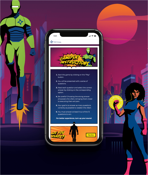 Illustration of a game on a smartphone with superheroes